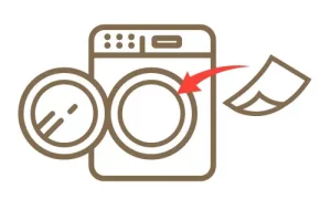 A brown icon depicting a washing machine with an arrow pointing to a laundry detergent sheet, indicating simple usage.