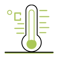 A green thermometer icon representing energy-saving and effective performance at low temperatures.