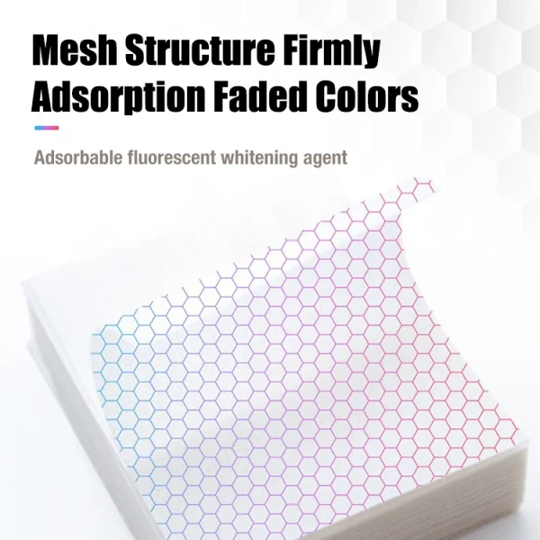 A close-up view of colour catcher sheets featuring a hexagonal mesh structure, demonstrating their strong dye absorption technology. The design highlights the adsorption of faded colours and fluorescent whitening agents for cleaner, brighter laundry.