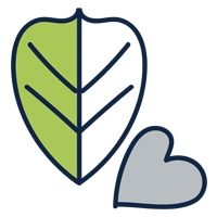 A green leaf with a heart icon, representing plant-based, eco-friendly, and skin-safe product formulations.