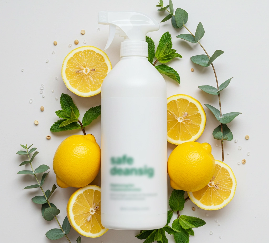 Eco-friendly lemon-scented safe cleaning spray bottle surrounded by fresh lemons and green leaves