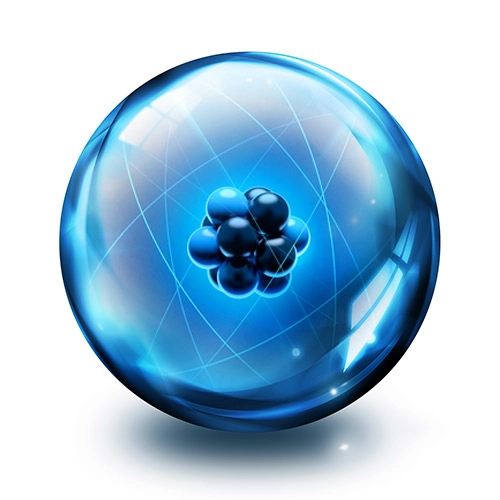 A glowing blue sphere with a molecular structure inside, symbolizing advanced science, energy, and innovation.