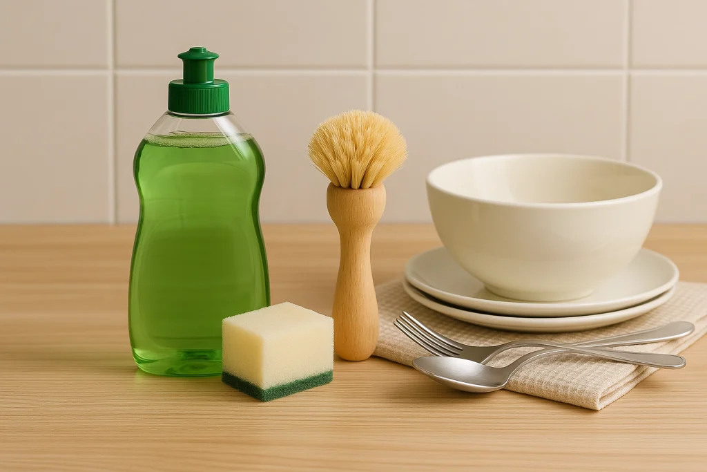 Biodegradable green dish soap with eco-friendly sponge, wooden brush, and clean dishes on a wooden surface.