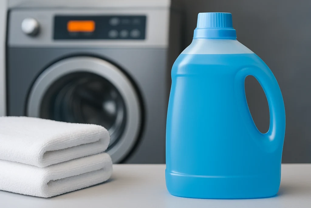 Blue laundry detergent bottle next to folded white towels and a washing machine in a commercial laundry setting
