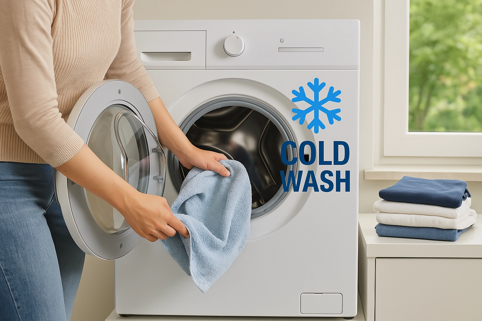 Woman loading light blue towel into a washing machine labeled cold wash, promoting energy-efficient laundry with cold water