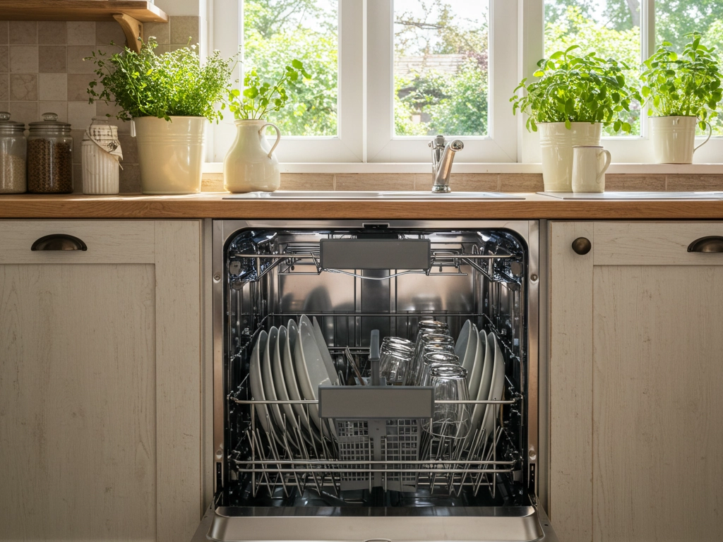 Open dishwasher in a bright kitchen with clean dishes and glassware neatly arranged inside