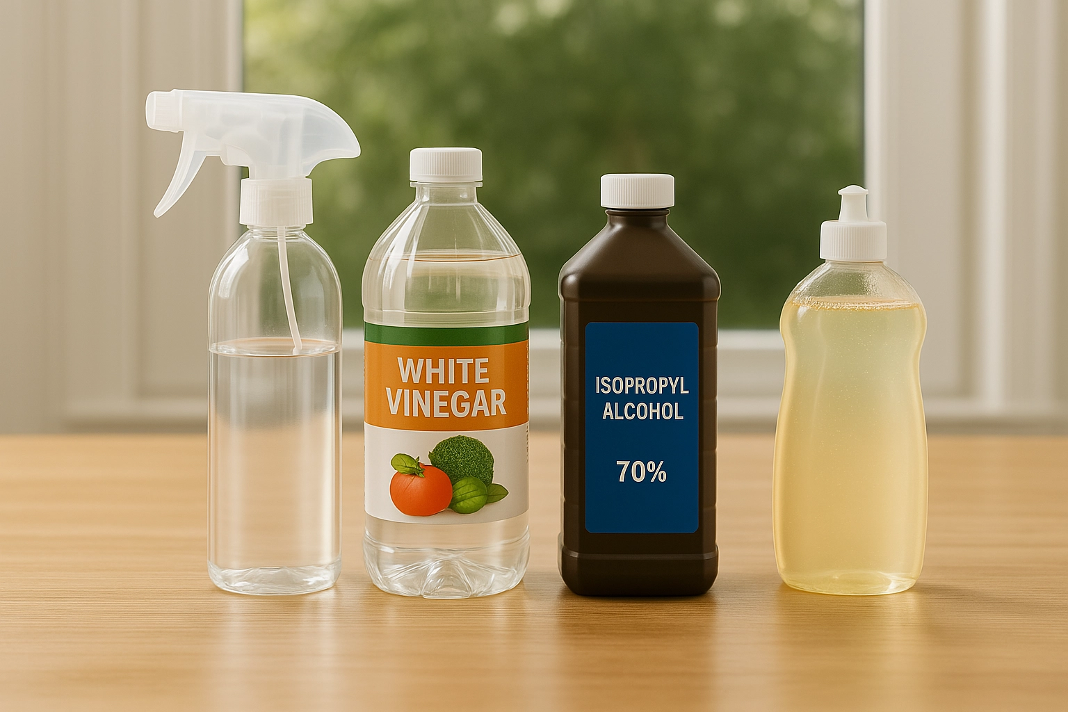 DIY window cleaning solution ingredients including distilled water in a spray bottle, white vinegar, isopropyl alcohol 70%, and mild dish soap on a wooden surface.