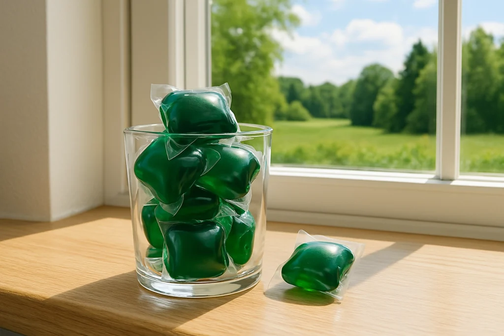 Green laundry detergent pods in a glass container by a sunny window, symbolizing the environmental debate on sustainable cleaning products