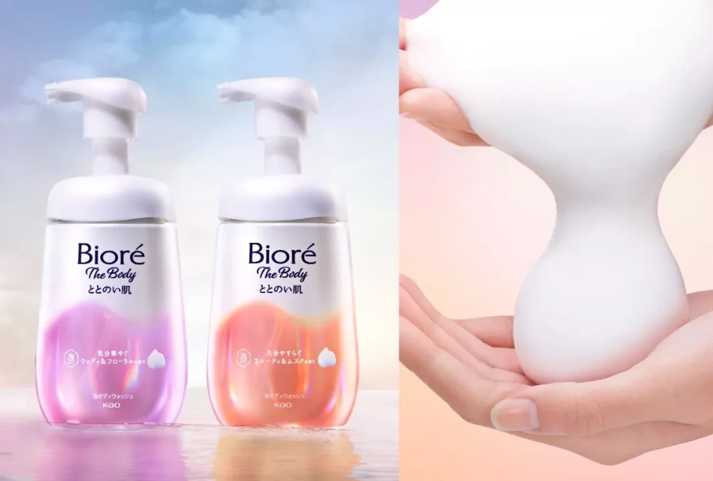 Biore The Body Totoi Skin body wash bottles with close-up of creamy foam dispensed from Kao’s newly developed pump.