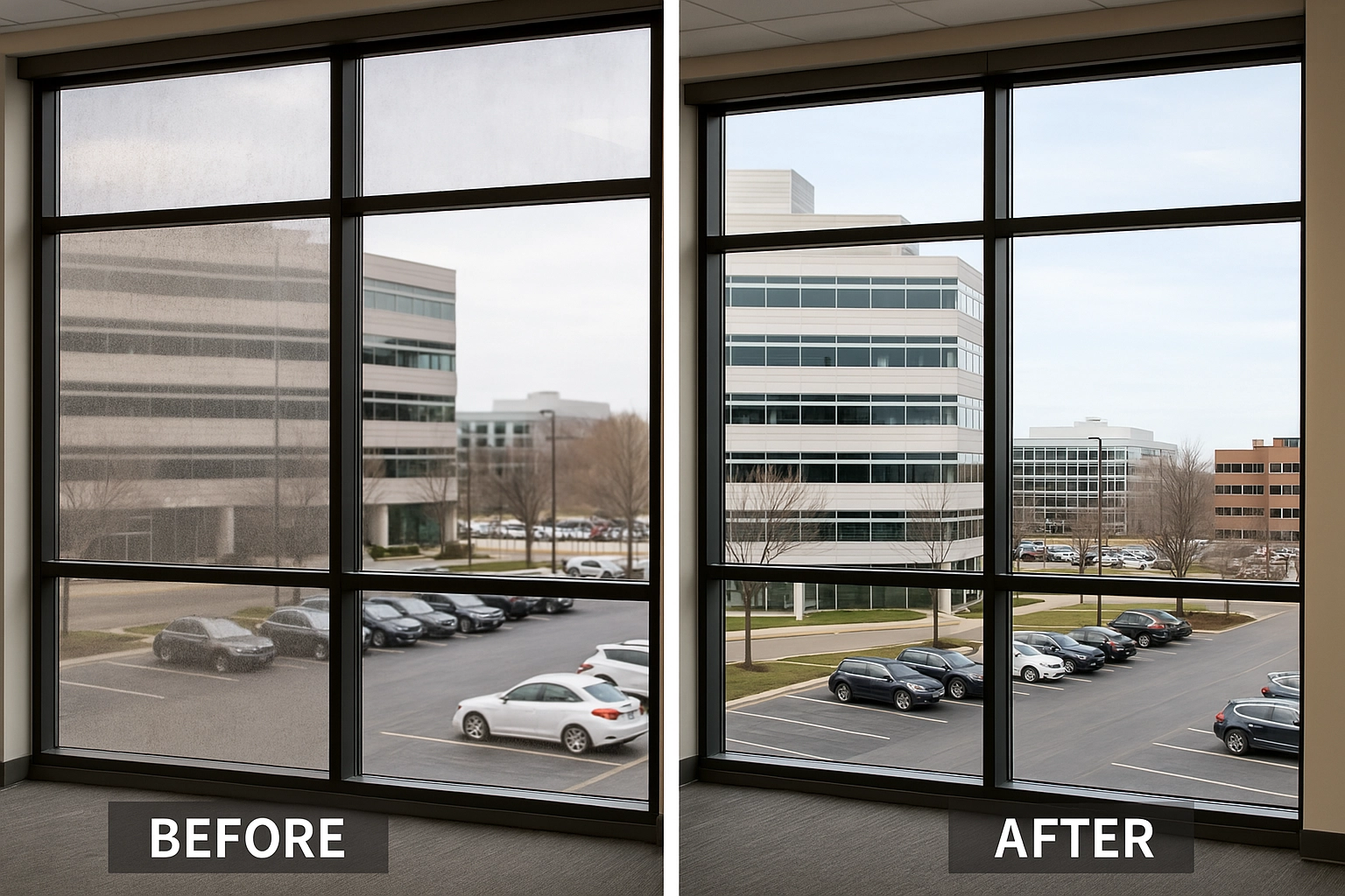 Side-by-side comparison of dirty and clean commercial office windows after professional window cleaning service.