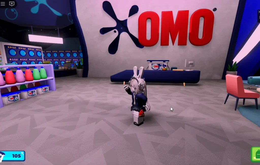 Roblox in-game environment featuring OMO-branded virtual laundromat with detergent bottles and player avatar.