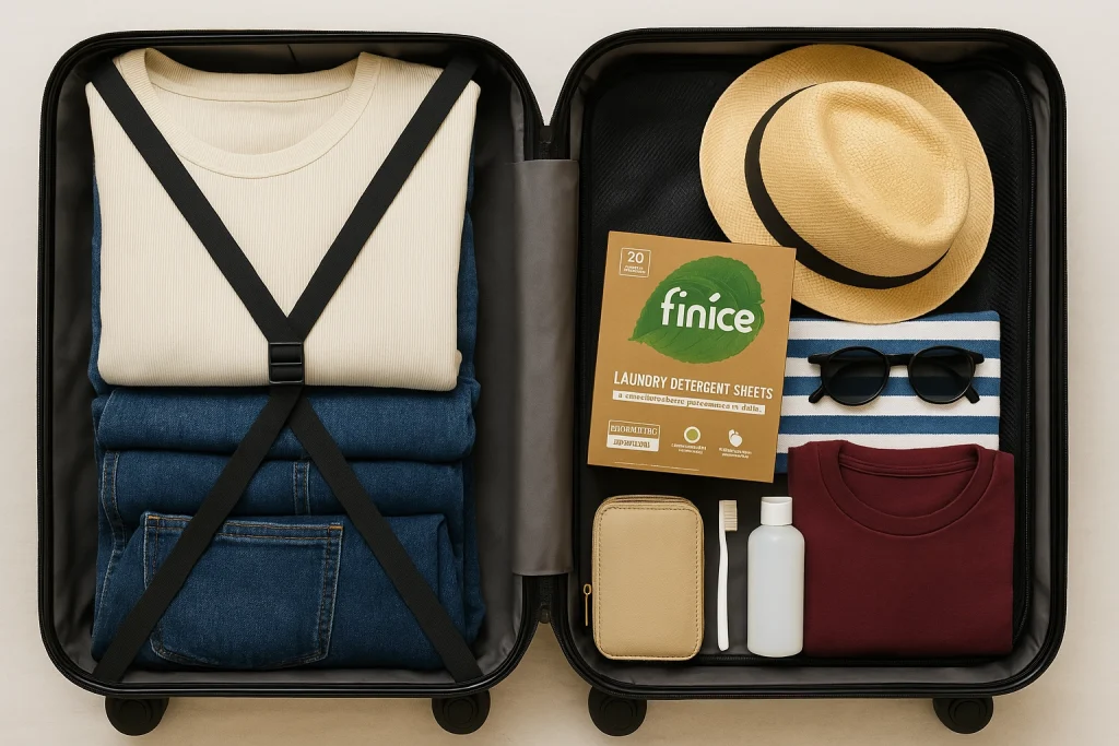 Open suitcase with travel clothes, essentials, and a pack of Finice laundry detergent sheets inside