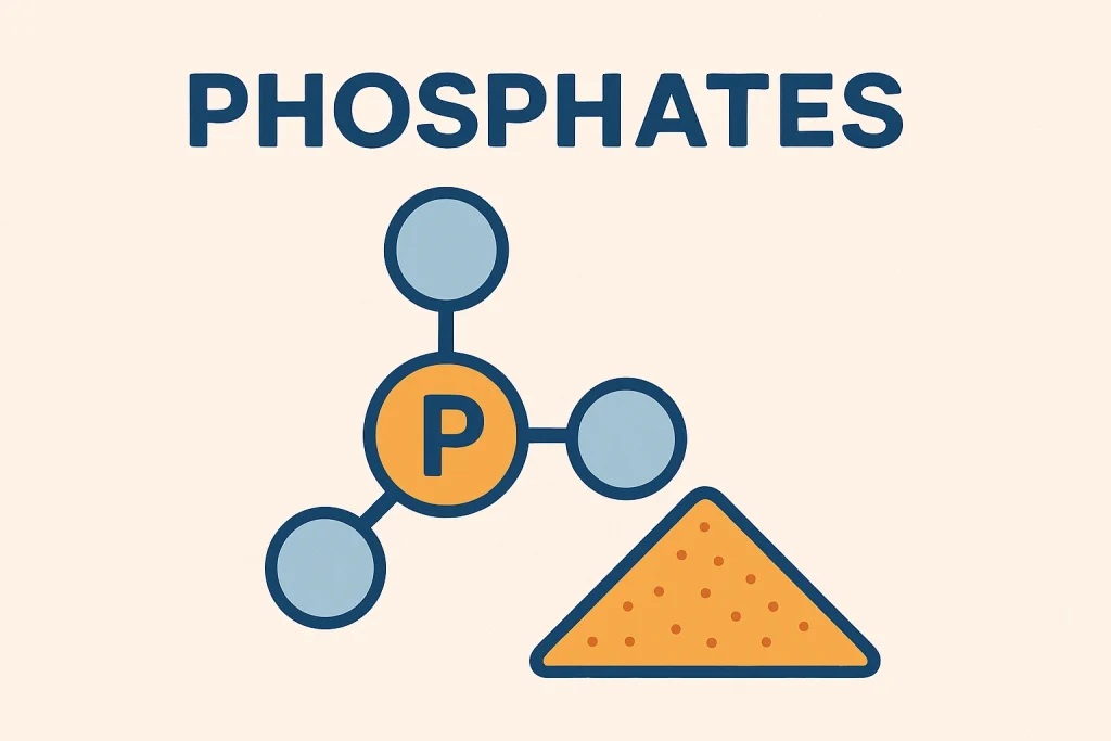 Illustration of a phosphate molecule and powder, representing phosphates used in cleaning products and their chemical structure.