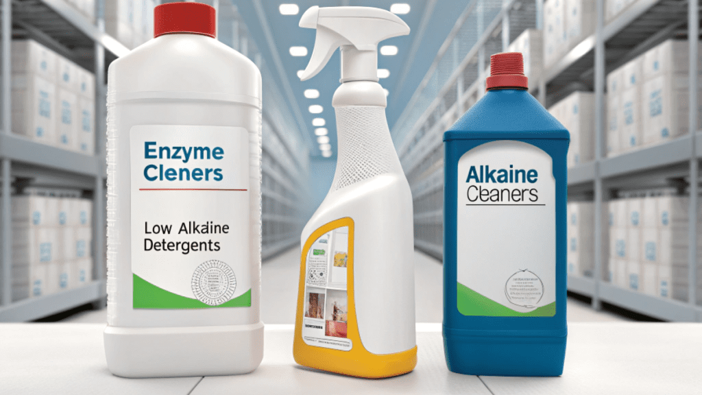 enzyme cleaners, low-alkaline detergents, or alkaline cleaners in lower concentrations